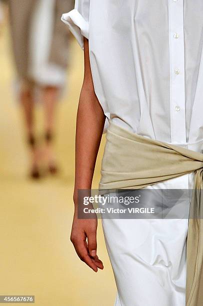 Model walks the runway during the Hermes Ready to Wear show as part of the Paris Fashion Week Womenswear Spring/Summer 2015 on October 1, 2014 in...