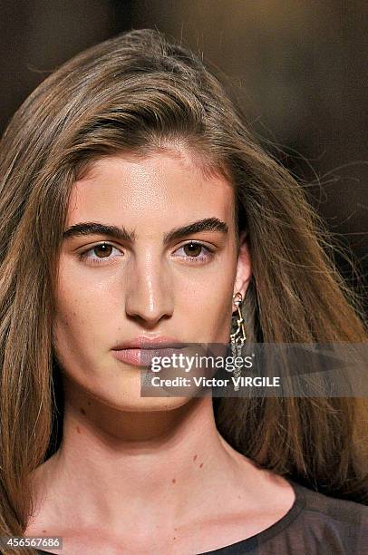 Model walks the runway during the Hermes Ready to Wear show as part of the Paris Fashion Week Womenswear Spring/Summer 2015 on October 1, 2014 in...