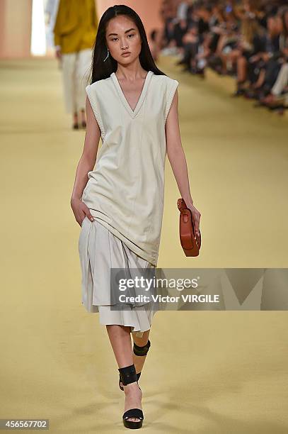 Model walks the runway during the Hermes Ready to Wear show as part of the Paris Fashion Week Womenswear Spring/Summer 2015 on October 1, 2014 in...