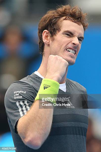 Andy Murray of Great Britain celebrates winning his match against Marin Cilic of Croatia during day seven of the China Open at the National Tennis...