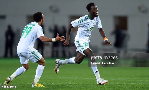 Kouko Guehi of Casablanca, who scored the winning goal, celebrates after the FIFA Club World Cup Quarterfinal match between Raja Casablanca and CF...