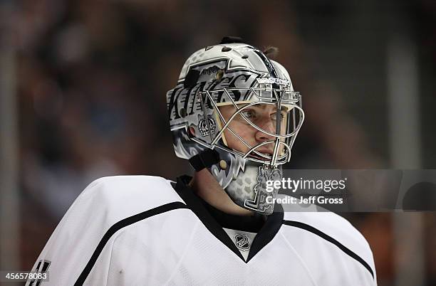 Goaltender Martin Jones of the Los Angeles Kings looks on against the Anaheim Ducks at Honda Center on December 3, 2013 in Anaheim, California.