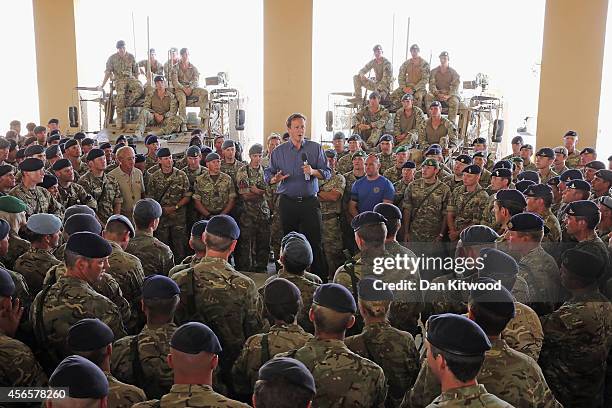 Prime Minister David Cameron addresses british troops on October 3, 2014 in Camp Bastion, Afghanistan. David Cameron Visits Camp Bastion...