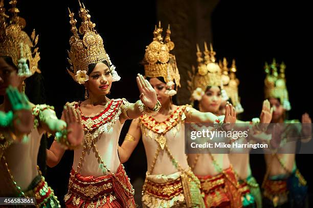 khmer dancers in traditional khmer dress. - khmer stock pictures, royalty-free photos & images