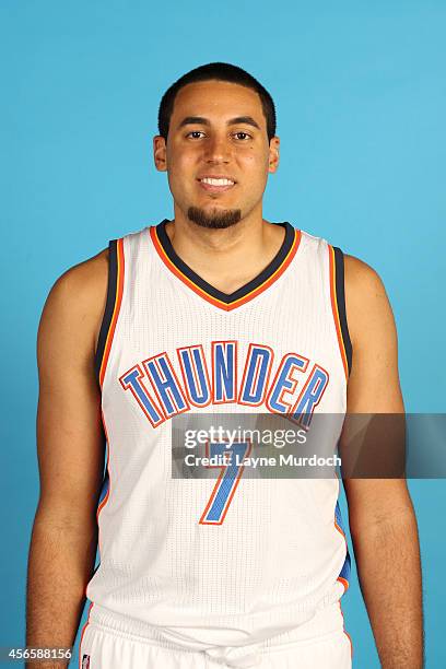 Grant Jerrett of the Oklahoma City Thunder poses for a portrait during 2014 NBA Media Day on September 29, 2014 at the Thunder Events Center in...