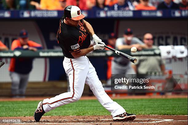 Hardy of the Baltimore Orioles lines out to third in the second inning against Justin Verlander of the Detroit Tigers during Game Two of the American...