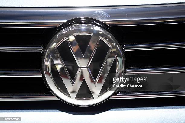 Volkswagen logo is seen during the second press day of the Paris Motor Show on October 03 in Paris, France. The Paris Motor Show will showcase the...