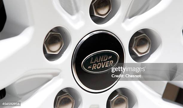 Land-Rover logo is seen on the wheel during the second press day of the Paris Motor Show on October 03 in Paris, France. The Paris Motor Show will...