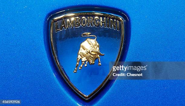 Lamborghini logo is seen during the second press day of the Paris Motor Show on October 03 in Paris, France. The Paris Motor Show will showcase the...