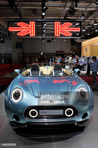 Concept car Mini Superleggera vision is presented during the second press day of the Paris Motor Show on October 03 in Paris, France. The Paris Motor...