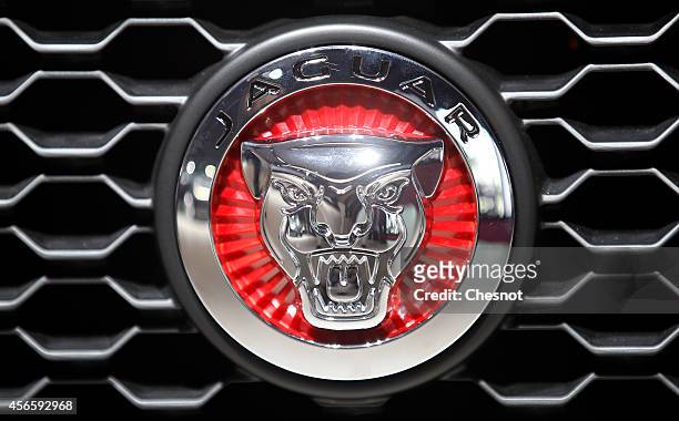 Jaguar logo is seen during the second press day of the Paris Motor Show on October 03 in Paris, France. The Paris Motor Show will showcase the latest...