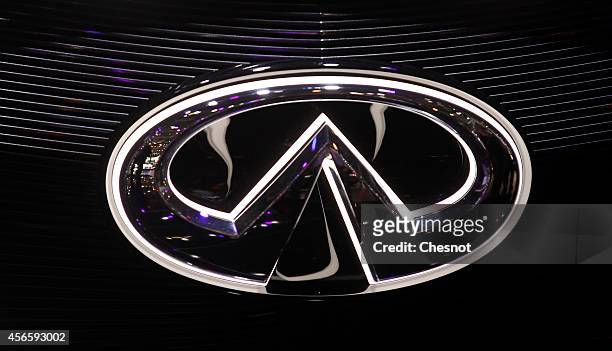 An Infiniti logo is seen during the second press day of the Paris Motor Show on October 03 in Paris, France. The Paris Motor Show will showcase the...