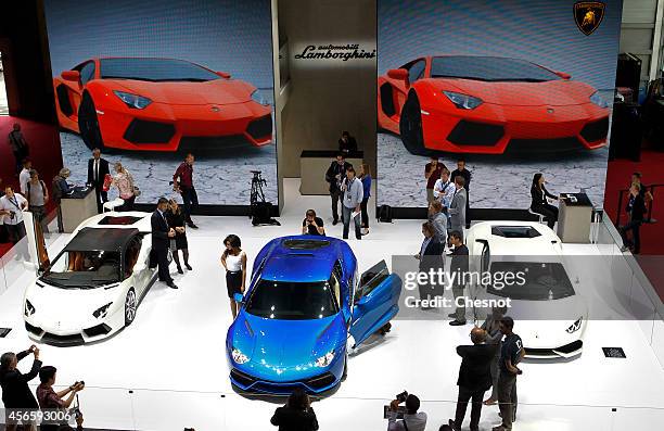 Lamborghini automobiles are presented during the second press day of the Paris Motor Show on October 03 in Paris, France. The Paris Motor Show will...