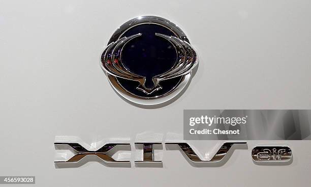 Ssangyong logo is seen during the second press day of the Paris Motor Show on October 03 in Paris, France. The Paris Motor Show will showcase the...