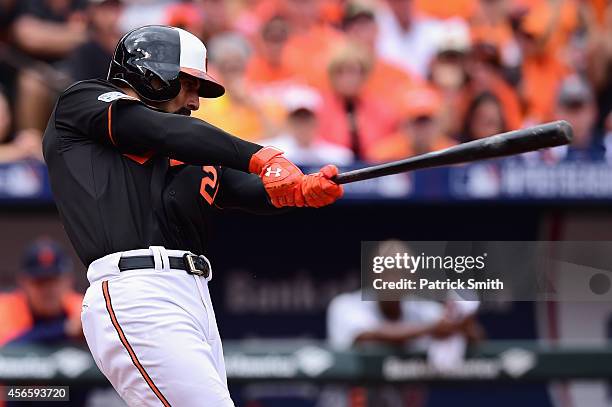 Nick Markakis of the Baltimore Orioles hits a two run home run to right field scoring teammate Jonathan Schoop in the third inning against Justin...