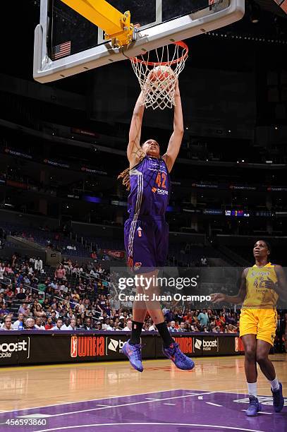 Brittney Griner of the Phoenix Mercury goes up for a dunk against the Los Angeles Sparks in Game Two of the WNBA Conference Semifinals at Staples...