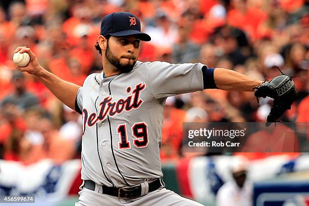 Anibal Sanchez of the Detroit Tigers throws a pitch in the sixth inning against the Baltimore Orioles during Game Two of the American League Division...