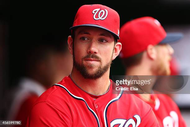 Steven Souza Jr. #21 of the Washington Nationals looks on from the dugout prior to Game One of the National League Division Series against the San...