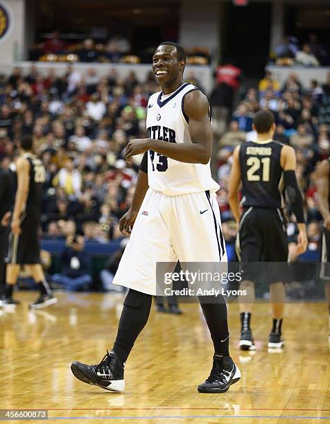 Khyle Marshall of the Butler Bulldogs celebrates in the game against Purdue Boilermakers during the 2013 Crossroads Classic at Bankers Life...