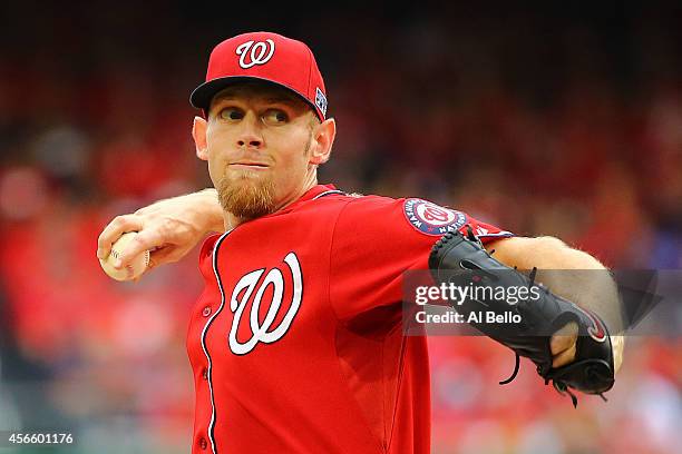 Stephen Strasburg of the Washington Nationals pitches in the first inning against the San Francisco Giants during Game One of the National League...