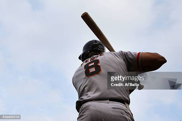 Hunter Pence of the San Francisco Giants stands on deck during Game One of the National League Division Series against the Washington Nationals at...