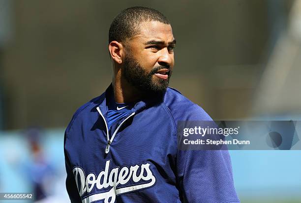 Matt Kemp of the Los Angeles Dodgers attends batting practice before taking on the St. Louis Cardinals in Game One of the National League Division...