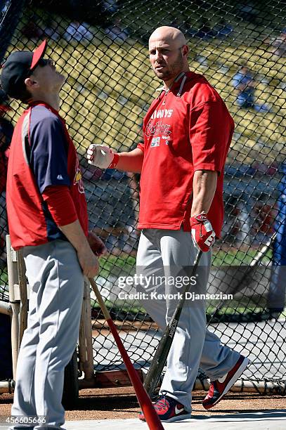 Matt Holliday of the St. Louis Cardinals attends batting practice before taking on the Los Angeles Dodgers in Game One of the National League...