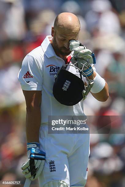 Matt Prior of England looks dejected as he leaves the field after being dismissed during day three of the Third Ashes Test Match between Australia...