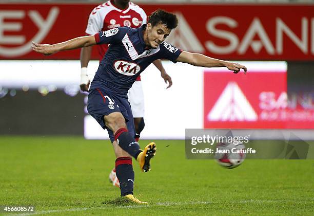 Younes Kaabouni of Bordeaux in action during the French Ligue 1 match between Stade de Reims and FC Girondins de Bordeaux at the Stade Auguste...