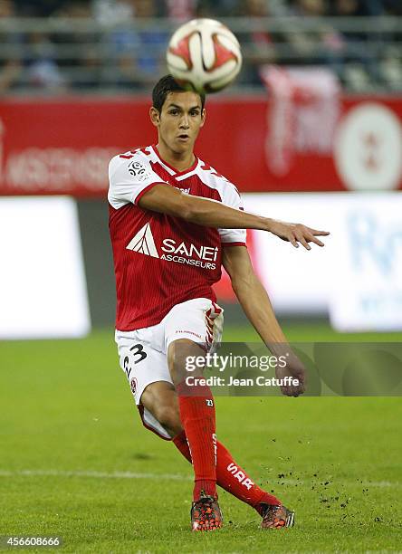 Aissa Mandi of Stade de Reims in action during the French Ligue 1 match between Stade de Reims and FC Girondins de Bordeaux at the Stade Auguste...