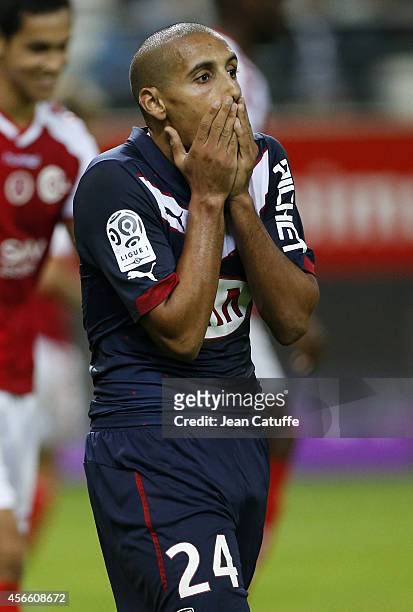Wahbi Khazri of Bordeaux reacts during the French Ligue 1 match between Stade de Reims and FC Girondins de Bordeaux at the Stade Auguste Delaune on...