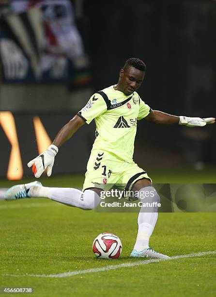 Goalkeeper of Reims Kossi Agassa in action during the French Ligue 1 match between Stade de Reims and FC Girondins de Bordeaux at the Stade Auguste...