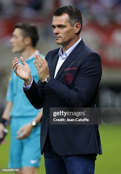 Head coach of Bordeaux Willy Sagnol looks on during the French Ligue 1 match between Stade de Reims and FC Girondins de Bordeaux at the Stade Auguste...