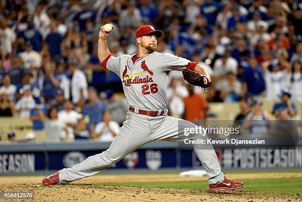 Closing pitcher Trevor Rosenthal of the St. Louis Cardinals pitches against the Los Angeles Dodgers in the ninth inning of Game One of the National...