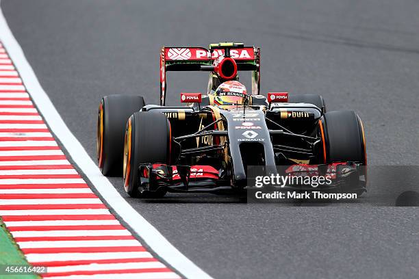 Pastor Maldonado of Venezuela and Lotus drives during final practice for the Japanese Formula One Grand Prix at Suzuka Circuit on October 4, 2014 in...