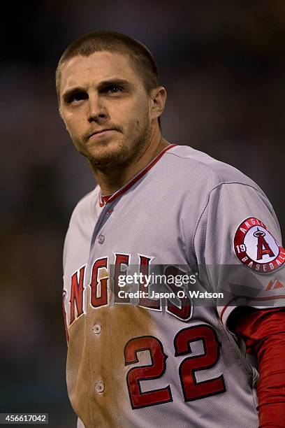 Tony Campana of the Los Angeles Angels of Anaheim looks on during the seventh inning against the Oakland Athletics at O.co Coliseum on September 23,...