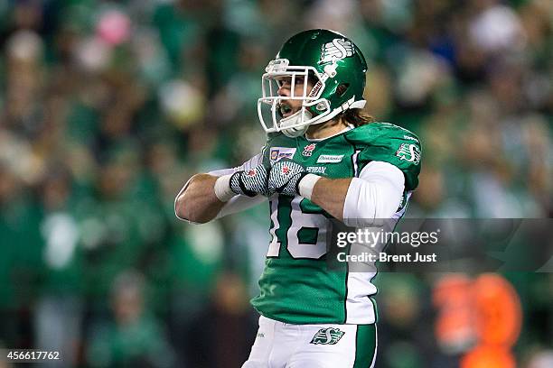 Brett Swain of the Saskatchewan Roughriders celebrates after a long catch and run on the second half of a game between the Calgary Stampeders and...