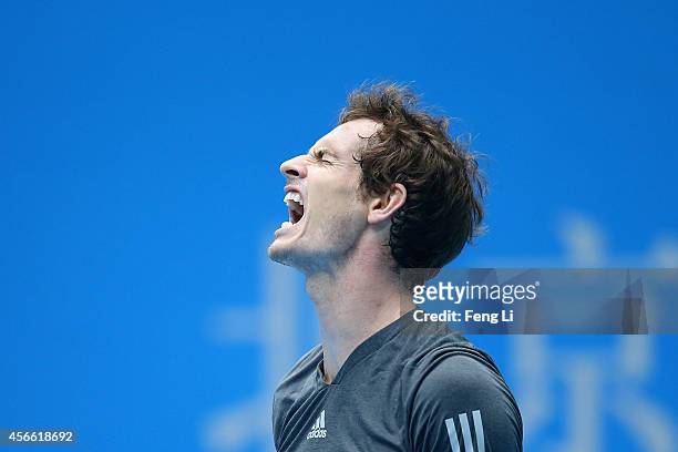 Andy Murray of Great Britain reacts during his semifinal match against Novak Djokovic of Serbia during day eight of the China Open at the China...