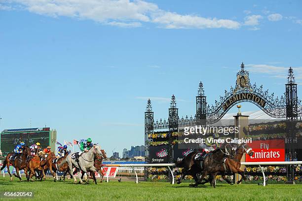 Kerrin McEvoy riding Lucia Valentina defeats Steven Arnold riding Lidari and Luke Nolen riding Brambles in Race 7, the Turnball Stakes during...