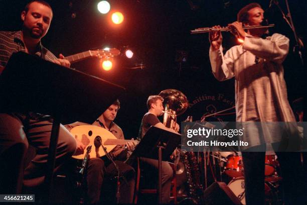 Henry Threadgill and Zooid performing at the Knitting Factory on September 15, 2000.This image:From left, Liberty Ellman, Tarik Benbrahim, Jose...