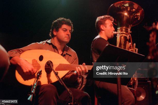 Henry Threadgill and Zooid performing at the Knitting Factory on September 15, 2000.This image:From left, Tarik Benbrahim and Jose Davilla.