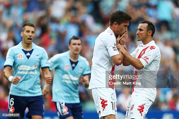 Harry Kewell of the Heart reacts with Michael Mifsud after missing a penalty kick during the round 10 A-League match between Sydney FC and the...