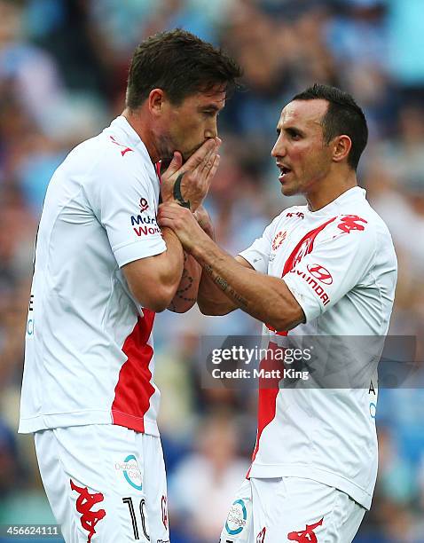 Harry Kewell of the Heart reacts with Michael Mifsud after missing a penalty kick during the round 10 A-League match between Sydney FC and the...