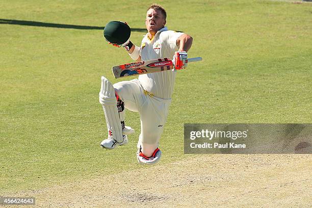 David Warner of Australia celebrates his century during day three of the Third Ashes Test Match between Australia and England at the WACA on December...