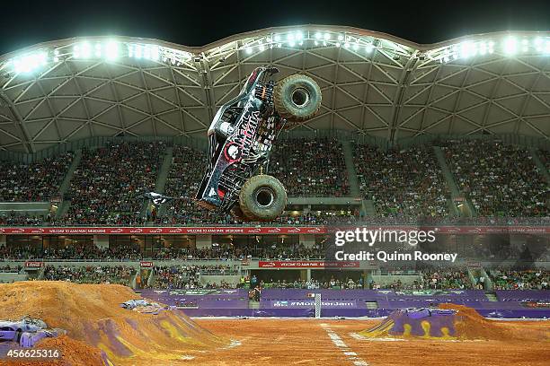 Todd Leduc driving Metal Mulisha jumps during Monster Jam at AAMI Park on October 4, 2014 in Melbourne, Australia.