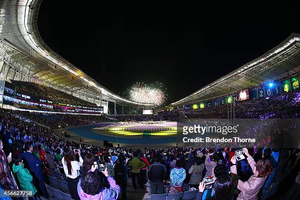 Fireworks explode as part of the Closing Ceremony during day fifteen of the 2014 Asian Games at Incheon Asiad Main Stadium on October 4, 2014 in...