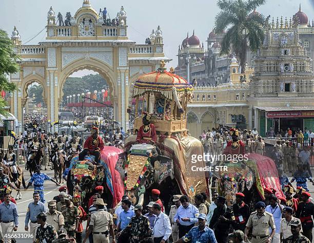 The royal elephant of the Mysore Palace carries the Golden Howdah containing Hindu Goddess Chamundeshwari during Vijayadashami celebrations in Mysore...