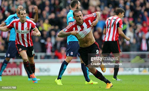 Steven Fletcher of Sunderland celebrates scoring the second Sunderland goal during the Barclays Premier League match between Sunderland AFC and Stoke...