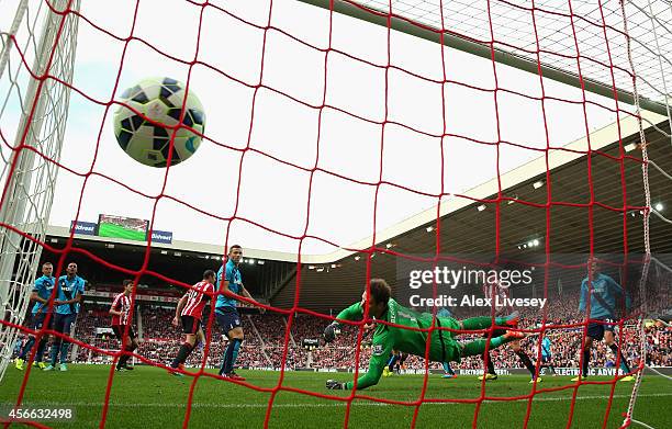 Asmir Begovic of Stoke City is beaten by a header from Steven Fletcher of Sunderland for a goal during the Barclays Premier League match between...