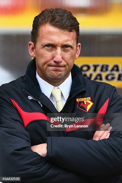 Watford Head Coach Billy McKinlay looks prior to the Sky Bet Championship match between Watford and Brighton & Hove Albion at Vicarage Road on...